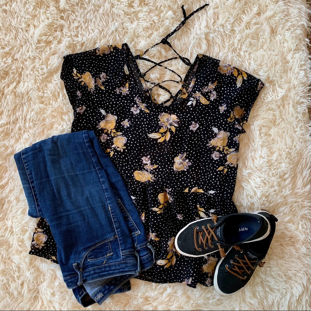 Sheer Floral/Polkadot Lace Neck Top